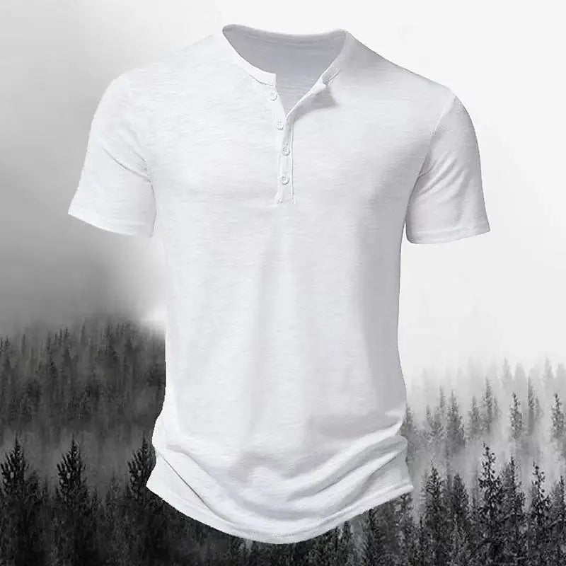 2026 New Summer Men Henley Collar T-shirts Button Slim Casual Male