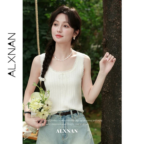 ALXNAN Lace Trim Elegant Knitted Tank Top Bow Slim-fit Casual Basic