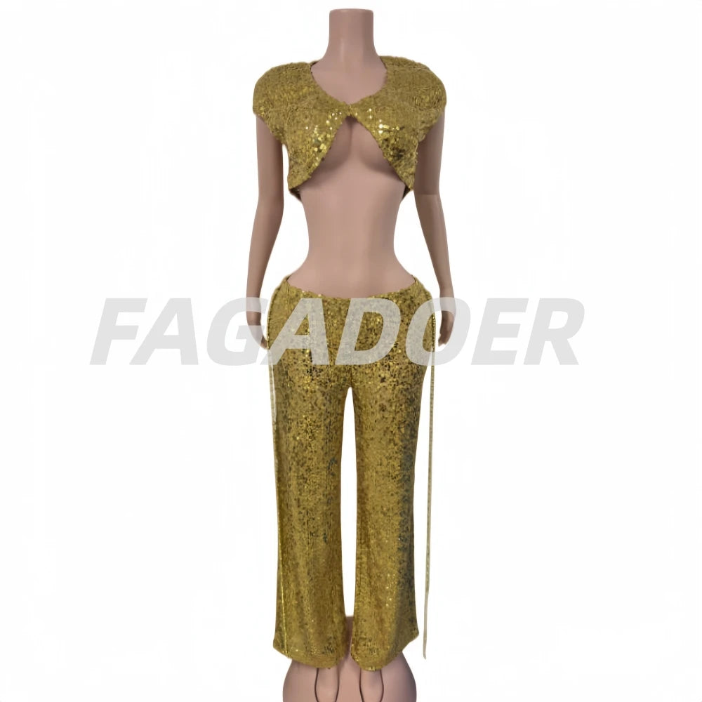 FAGADOER Sexy Hollow-out Sequin 2 Pieces Set for Woman Solid Deep