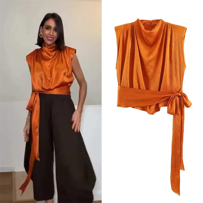 Women's Top 2026 Spring New Style Orange Sleeveless Satin Texture Long