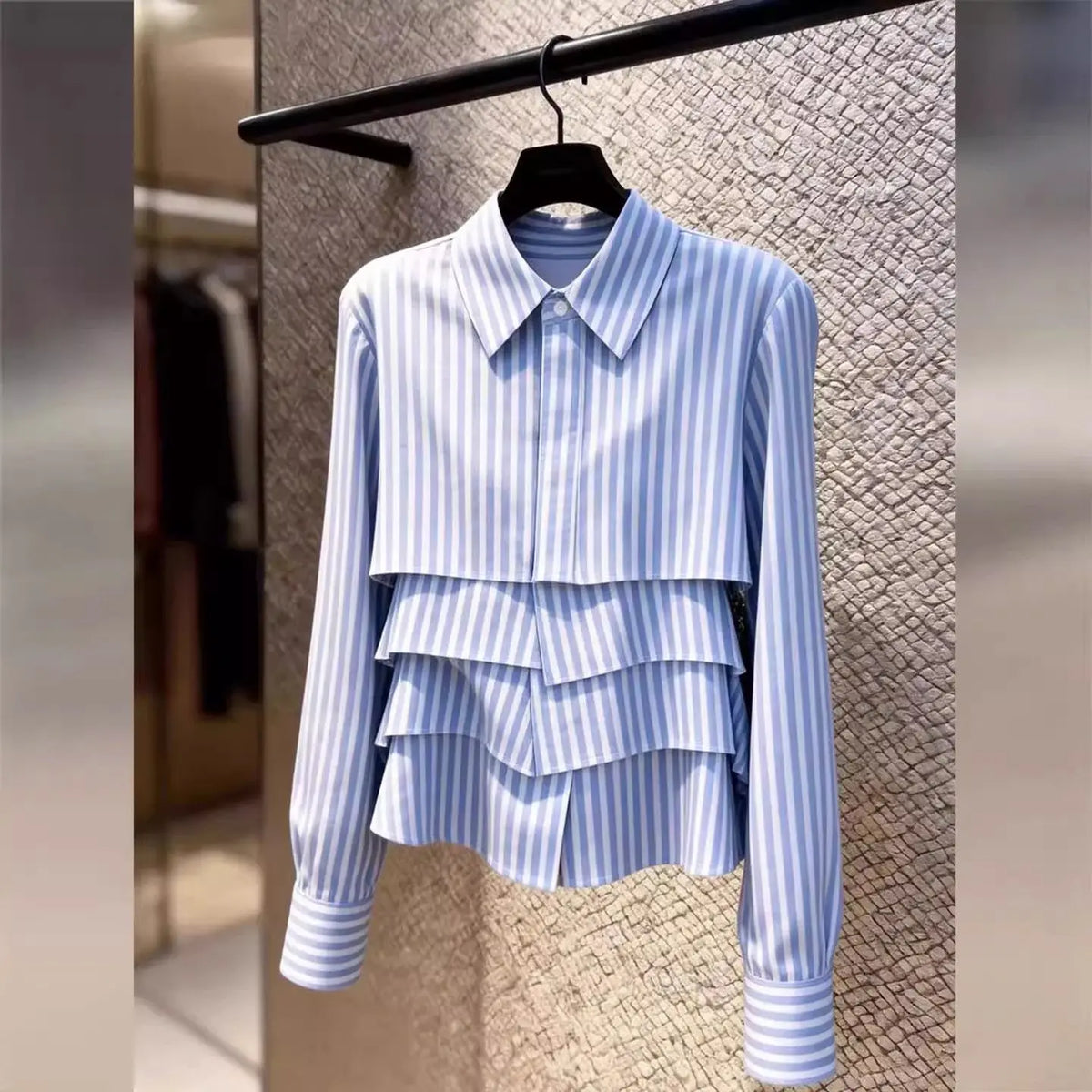 Elegant Tiered Ruffle Striped Blouse - Point Collar Long Sleeve