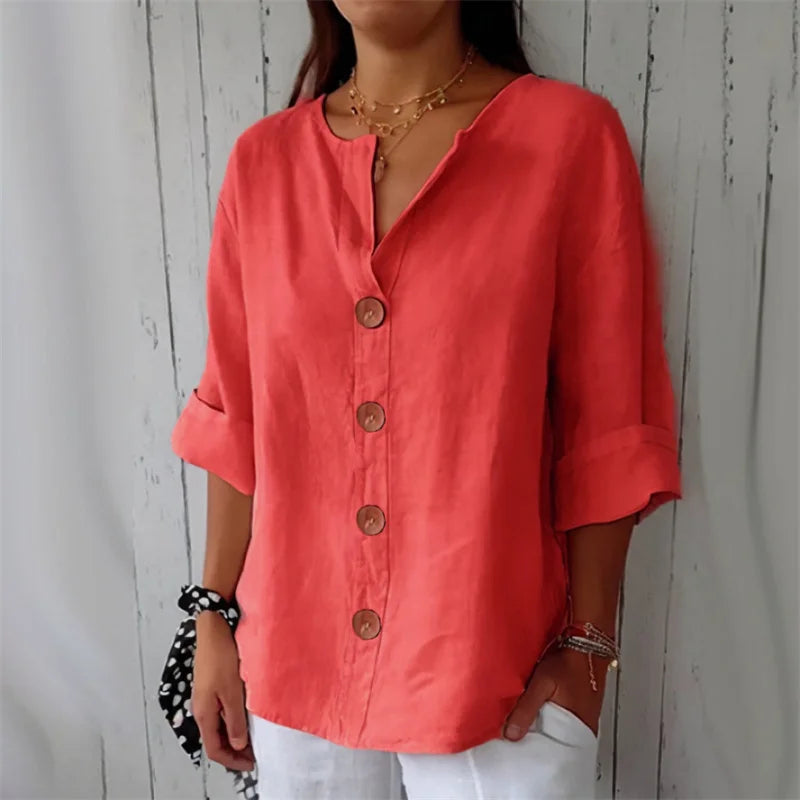 Summer Loose Shirt Women's V-Neck Cotton Linen Button Top Casual