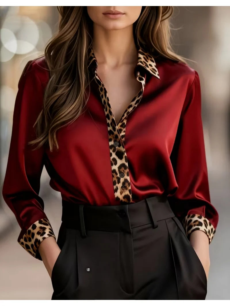Elegant Long Sleeve Button Down Shirt with Leopard Print Collar, Cuffs