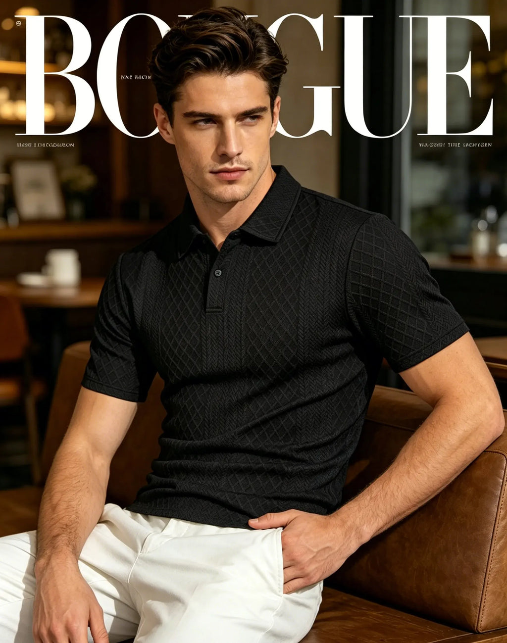 Men's Diamond Jacquard Knit Polo Shirt Breathable Quick Dry Casual