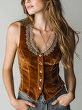 Retro Lace Patchwork Velvet Vest Women Vintage Caramel Crop Jacket