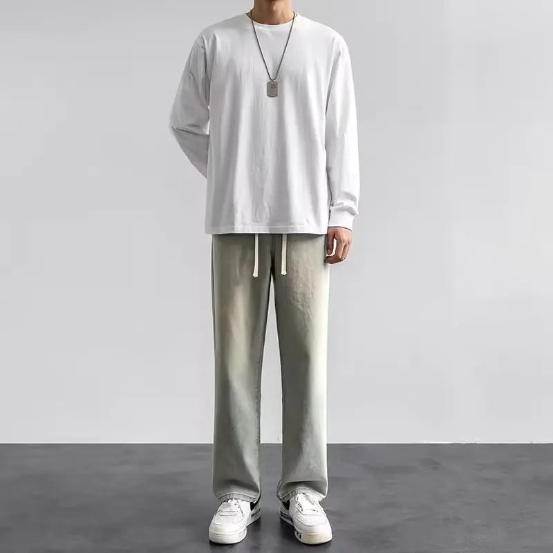 Light Wash Men's Drawstring Jeans Loose Straight Leg Floor-Length