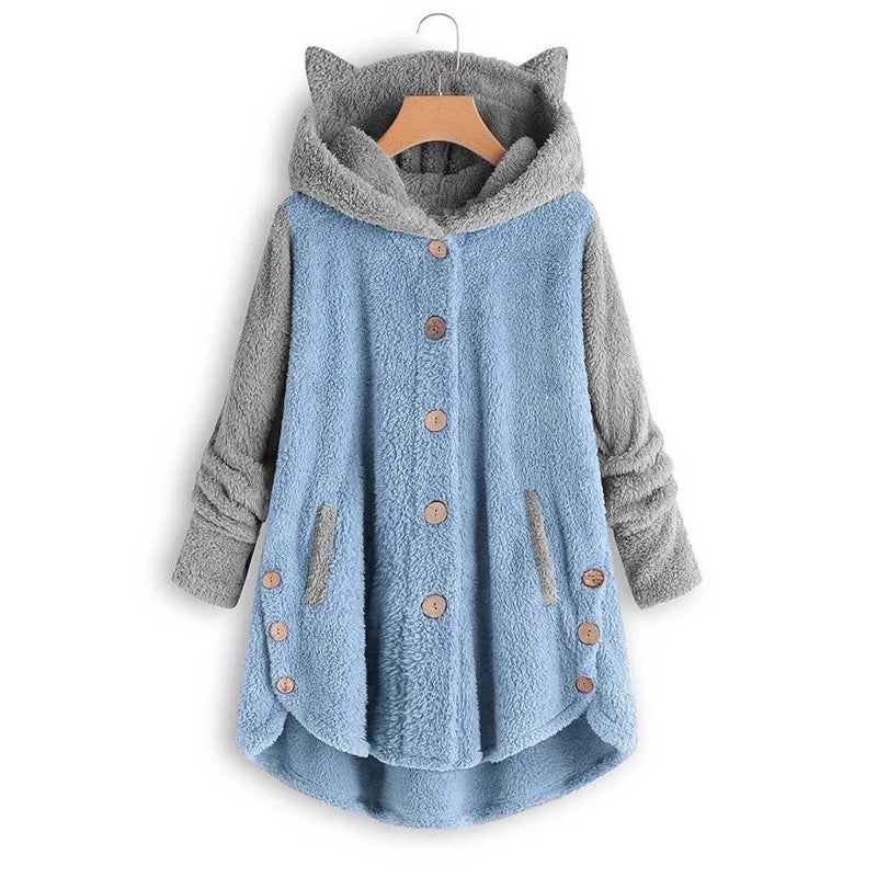 Cat Print Long Hoodies Sweatshirt Women Fleece Warm Button Pocket