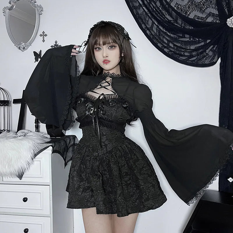 Goth Dark Elegant Lace Up Mall Gothic Crop Shrug Tops Grunge Chiffon
