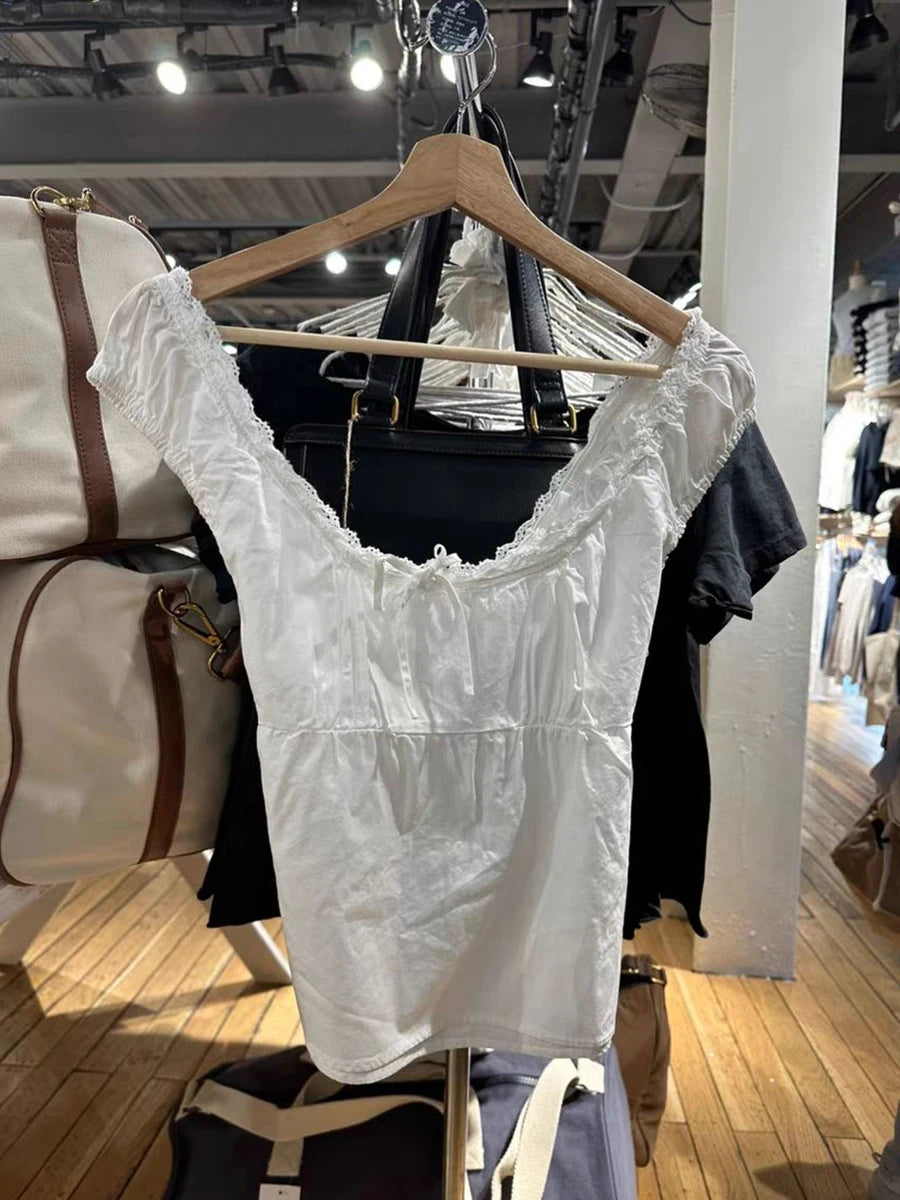 Sweet Lace-up Camisoles Blouse Women Summer Lace Trim Square Collar