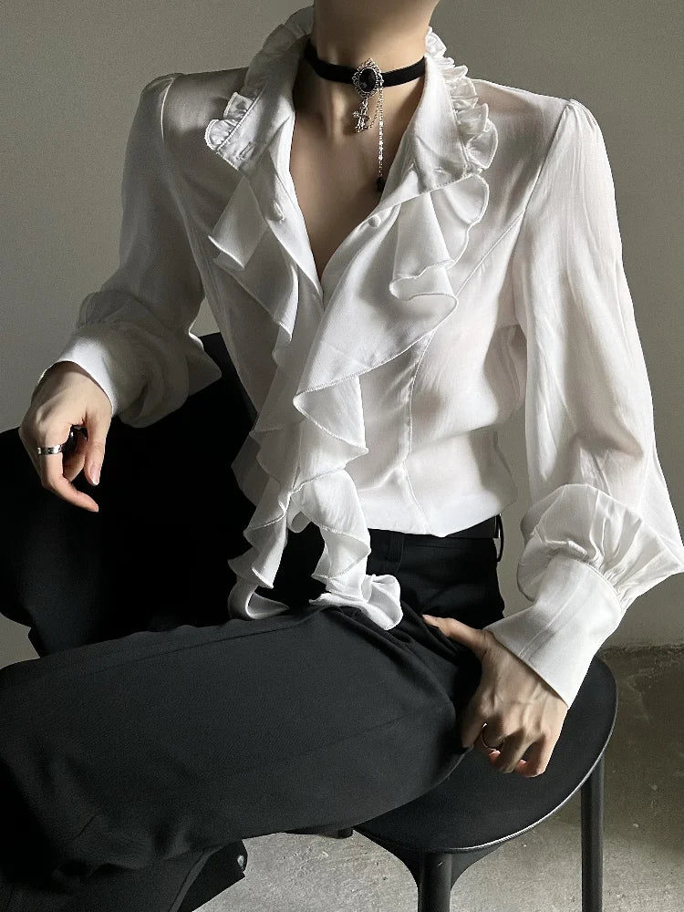 Harajuku Vintage Women Bottoming Shirt Stand Collar Ruffles Slim Fit