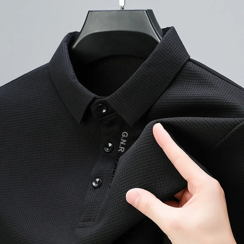 Men's Waffle Long Sleeved POLO Shirt with Letter Printed Lapel Casual