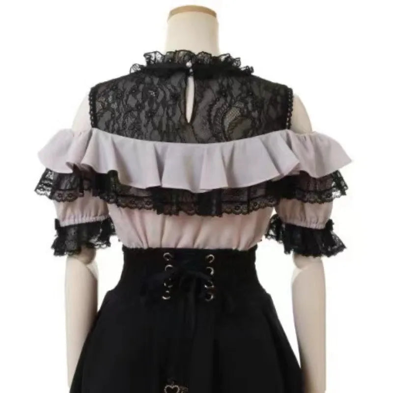 Summer Japanese Sweet Lolita Blouses Women Elegant Love Heart Bow Off
