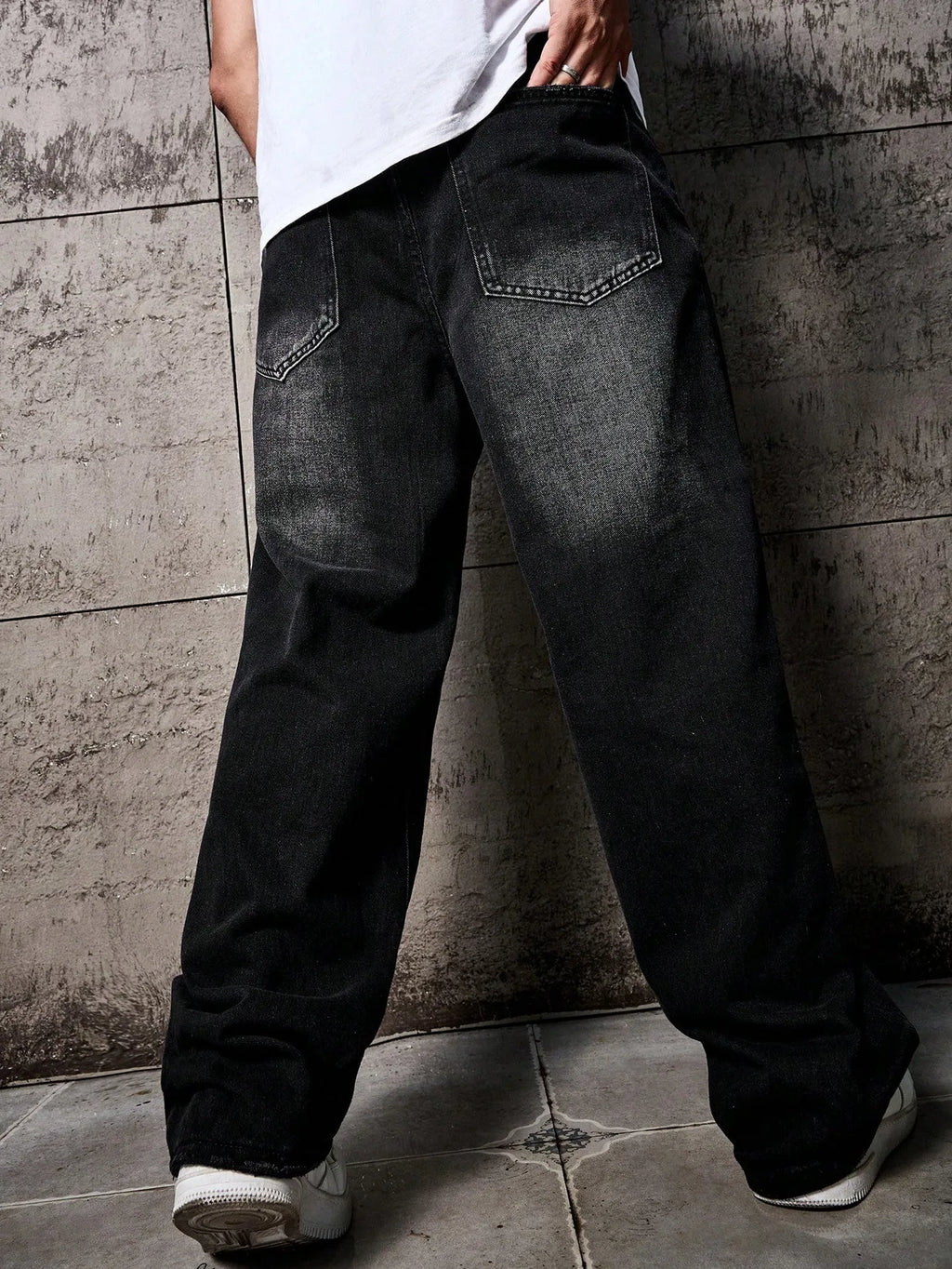 1pc Vintage Style Men's Black Washed Distressed Loose Wide Leg Relaxed