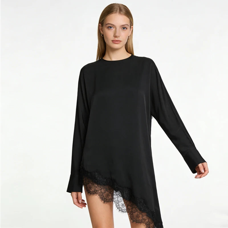 HXAO Women's Lace Blouse Asymmetric Long Black Blouse Woman Spring