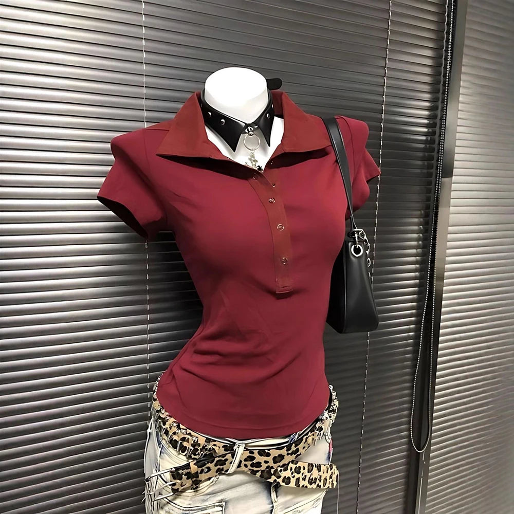 Graphic Harajuku POLO Collar Solid Short Sleeve Women's T-shirts 90s