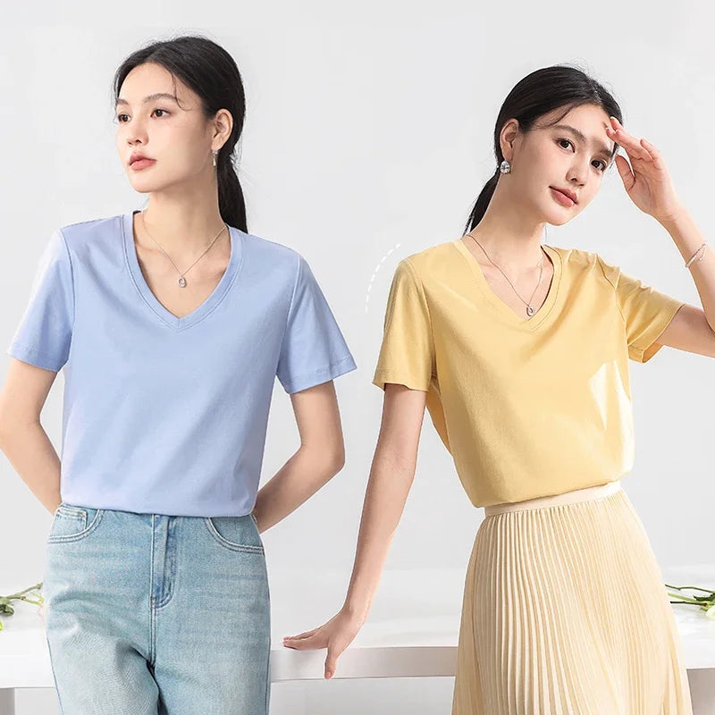 High-end New 10% Silk & Mercerized Cotton Women T-shirt Luxury Tee
