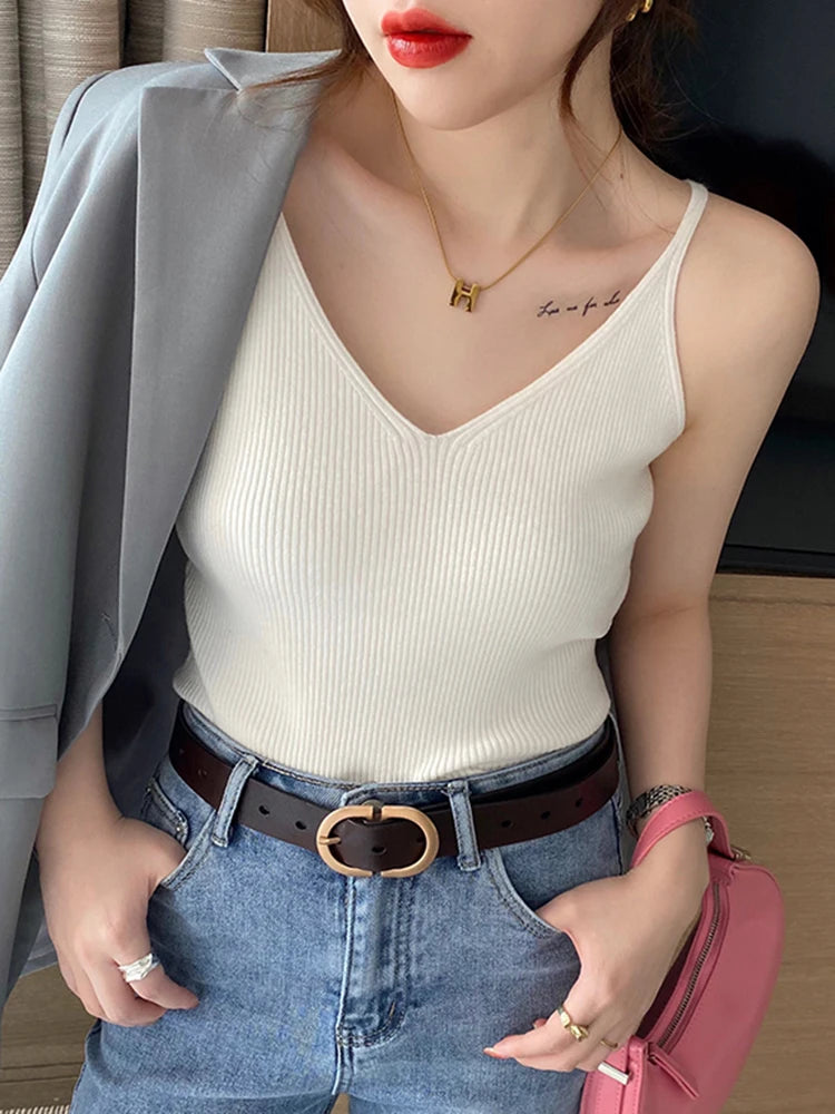 Korea Summer Tops 2026 New Solid V-Neck Elastic Knitted Suspender