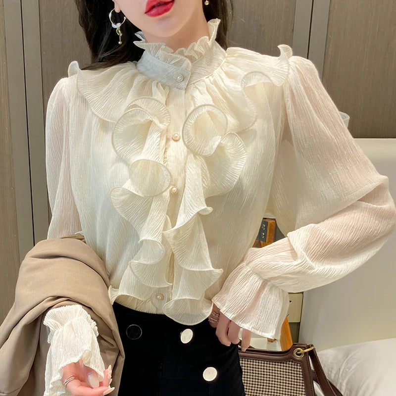 NEW High Quality Vintage Ruffles Clothes Lace Blouse Women Spring