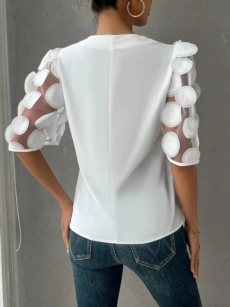 Women V Neck Blouse With Sheer Puff Sleeves And 3D Circle Appliques
