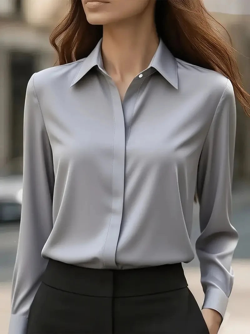 2025 New Women's Long-sleeved Shirt 10 Color Lapel Satin Button