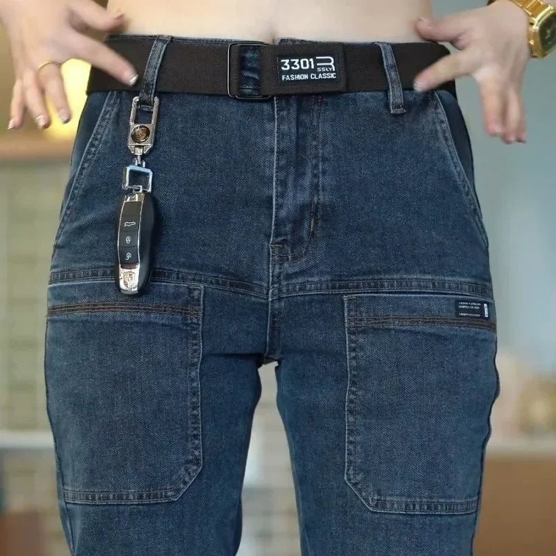 Spring Summer Thin Six Pocket Men's Jeans Elastic Straight Leg Casual