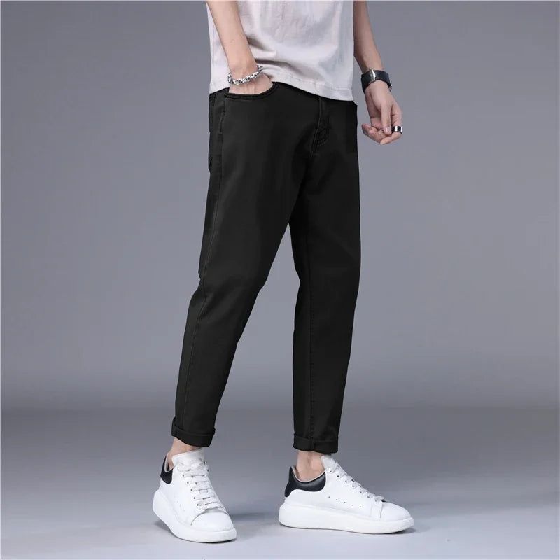 Summer Thin Men's Jeans Korean Style Blue Black Solid Color Stretch