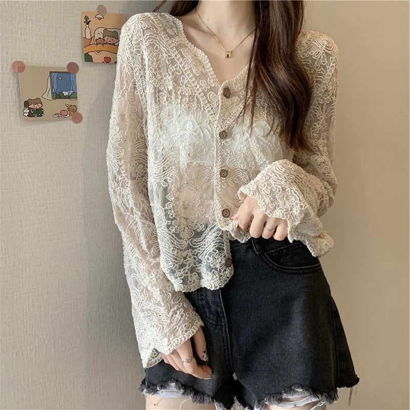 Sheer Crochet Top Long Sleeve Button Front V-Neck Open-knit Embroidery