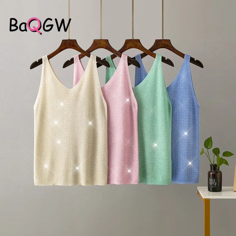 15 Colors Sequined Patchwork Women Sleeveless Bright Tank Tops Sexy
