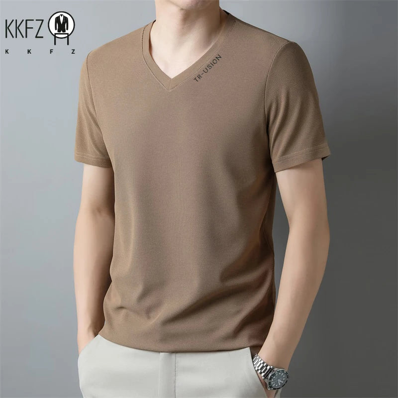 New Men's Casual and Fashionable V-neck Solid Color Short Sleeved