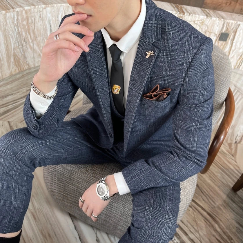 British Korean Style High Quality Modified Plaid Three-Piece Suit for
