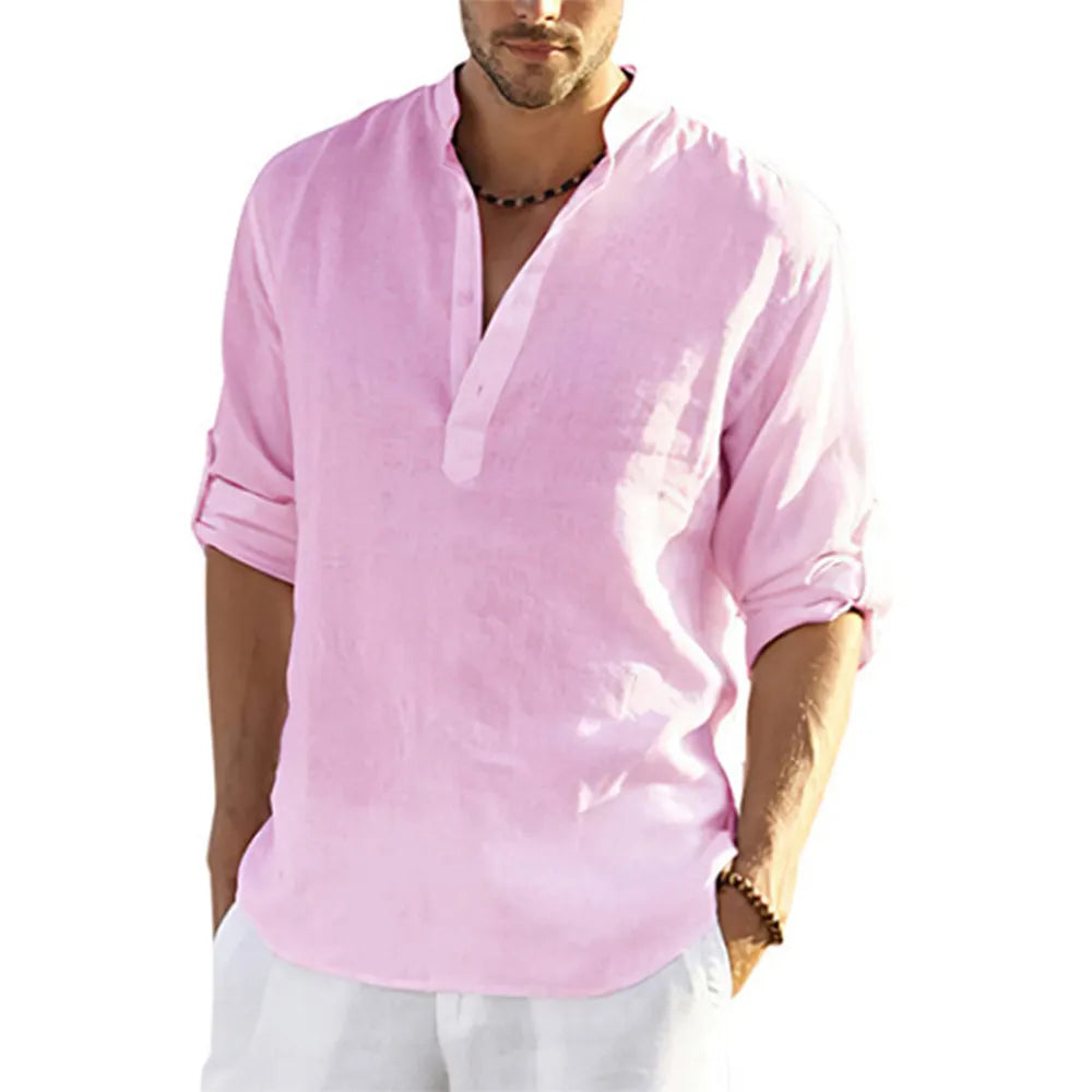 2022 New Men's Casual Blouse Cotton Linen Shirt Loose Tops Long Sleeve