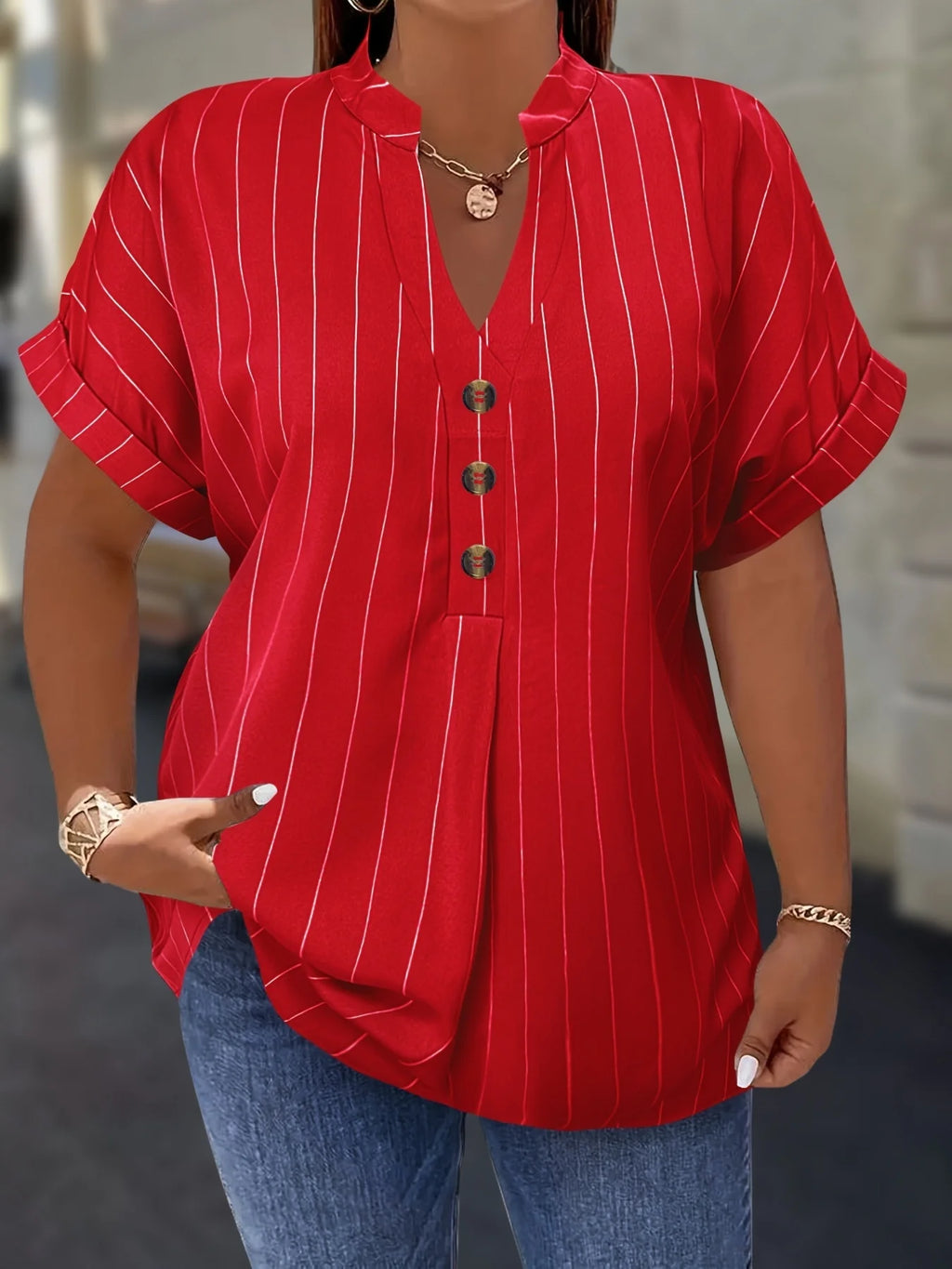 Gadinus White Plus Size Striped Blouse Women V Neck Button Front Short
