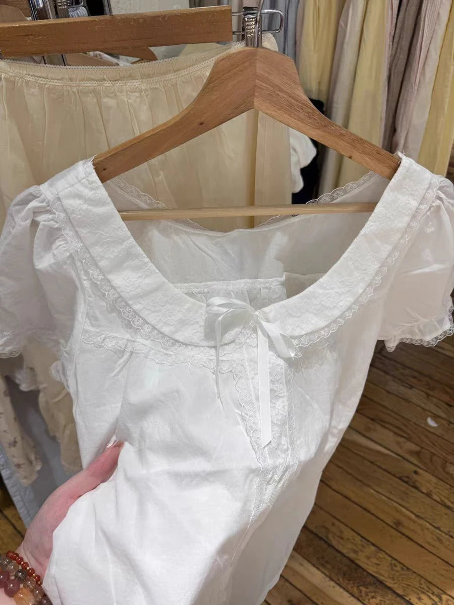 Lace Patchwork Thin T-shirt Blouse Woman Summer Bow Peter pan Collar