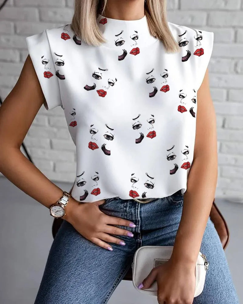 Women's Abstract Face Print Sleeveless Stand Collar Blouse with Button