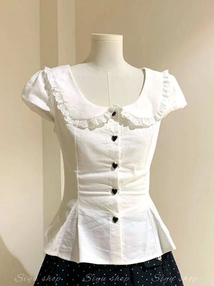 White Slim Sweet Shirt Women Puff Sleeve Cute Preppy Style Blouse