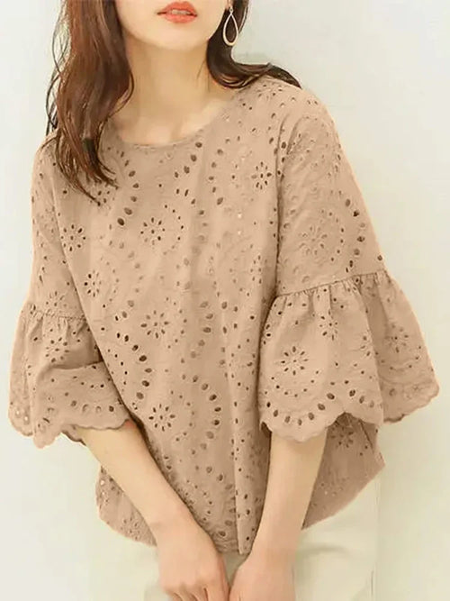 ZANZEA 3/4 Ruffle Sleeve Loose Blusa Women Hollow Out Lace Patchwork