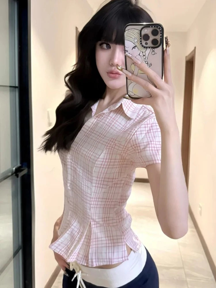 Women Slim Pink Plaid Shirt Sexy Cropped Amercian Vintage Short Sleeve