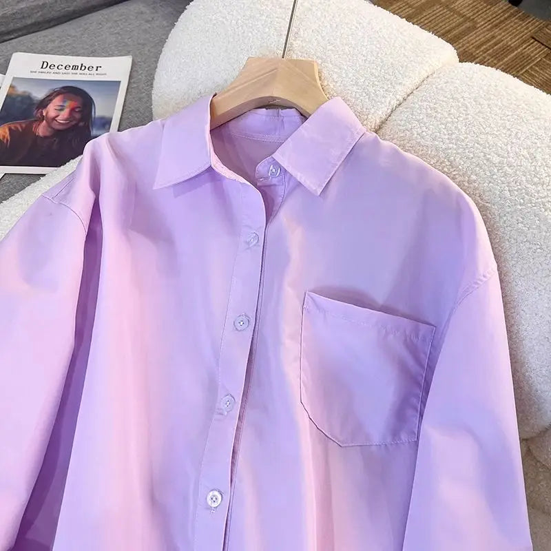 New In Clothing Top Turn-down Neck Purple Patchwork Striped Long
