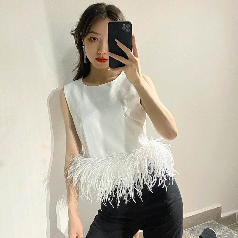 Twotwinstyle Black Patchwork Feathers Korean Fashion Shirt Top Women