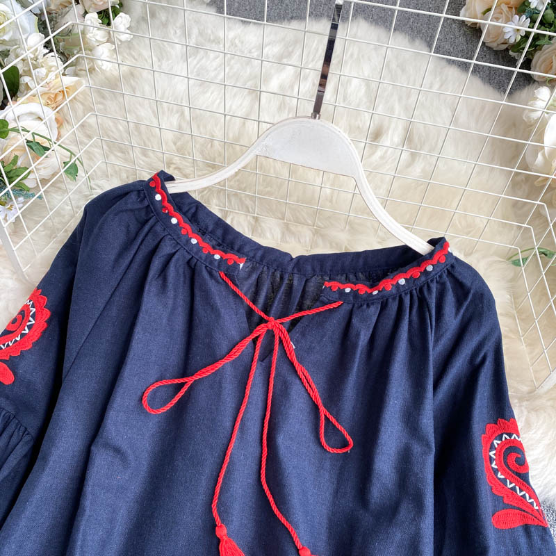 Women's Retro Blouse National Style Embroidered Lace-up Tassel V-neck