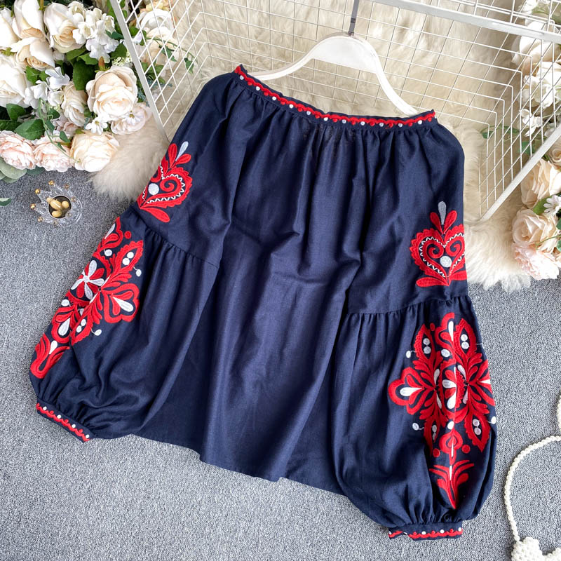 Women's Retro Blouse National Style Embroidered Lace-up Tassel V-neck