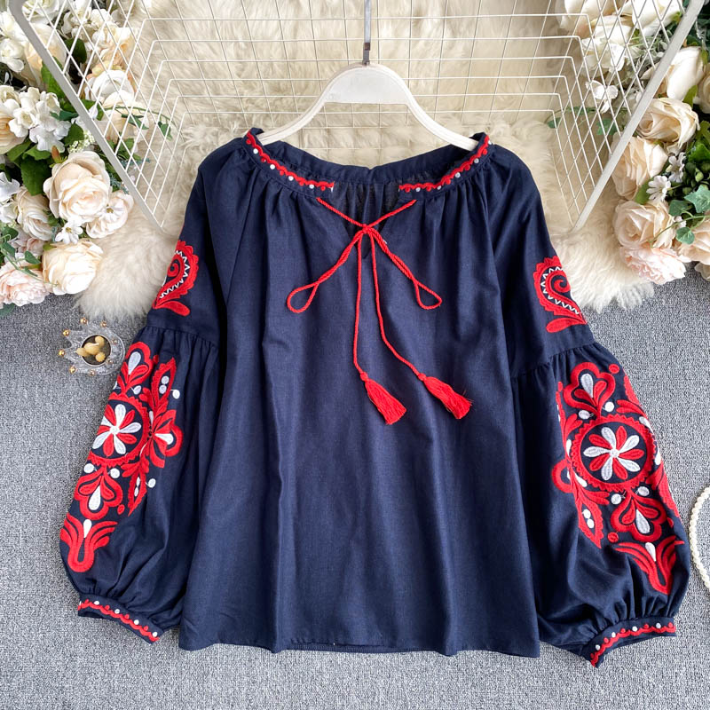 Women's Retro Blouse National Style Embroidered Lace-up Tassel V-neck